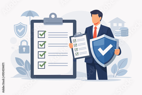 Businessman in Suit Holding Shield and Checklist for Insurance Protection, Policy Coverage, Risk Management, and Security Compliance Document with House, Coins, and Padlock Icons Concept