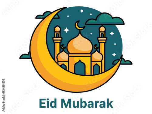 Stylized depiction shows an illuminated mosque nestled within a large crescent moon.