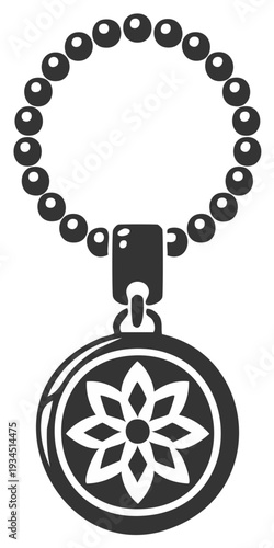 Abstract illustration of a round medallion with a flower design and beaded necklace