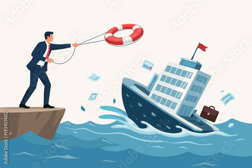 Business rescue and crisis management concept with a professional businessman throwing a lifebuoy to save a sinking office building ship from bankruptcy, financial failure, and economic loss.