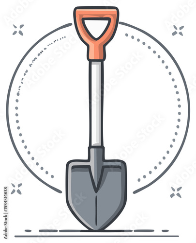 Cartoon shovel illustration with gray blade and orange D handle for gardening or construction work