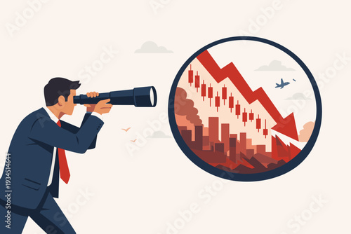 Businessman Looking Through Telescope at Stock Market Crash with Red Downward Arrow and Candlestick Chart, Representing Economic Crisis, Financial Downfall, and Future Market Recession Forecast.