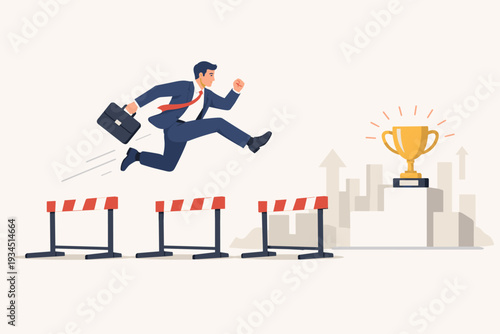 Businessman in Suit Jumping Over Hurdles to Reach Gold Trophy, Concept of Overcoming Business Obstacles, Career Success, Motivation, Leadership, Winning Competition, Achievement and Problem Solving