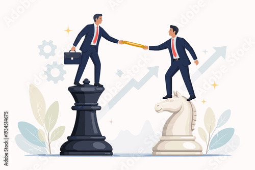 Business succession planning and leadership transition concept with businessmen passing a golden baton while standing on giant chess pieces like king and knight for strategic career growth.