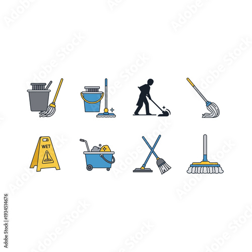 Professional Cleaning Service and Janitorial Tasks Icons Collection