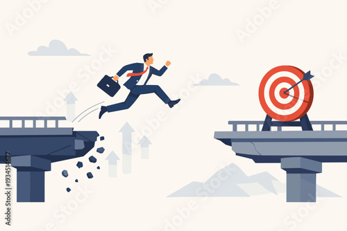 Businessman jumping over a broken bridge gap to reach a target bullseye. Concept of business risk, overcoming crisis, courage, and ambition to achieve goals and success in difficult times.