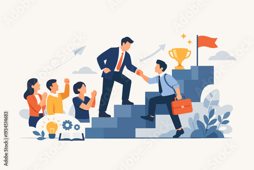 Mentor helping employee climb stairs to reach success and career growth, business coaching and support for professional development, leadership guidance, teamwork and corporate achievement.