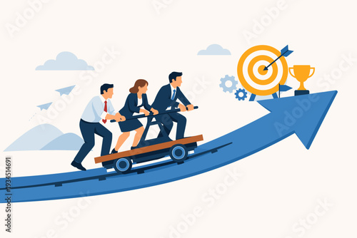Business Teamwork and Collaboration Concept with People Working Together on a Handcar Moving Upward Along an Arrow Toward a Target and Trophy to Achieve Success, Partnership, and Growth.
