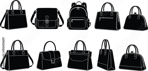 Silhouette collection of women handbags and backpack isolated on white background, elegant fashion accessory set including tote, purse and shoulder bags