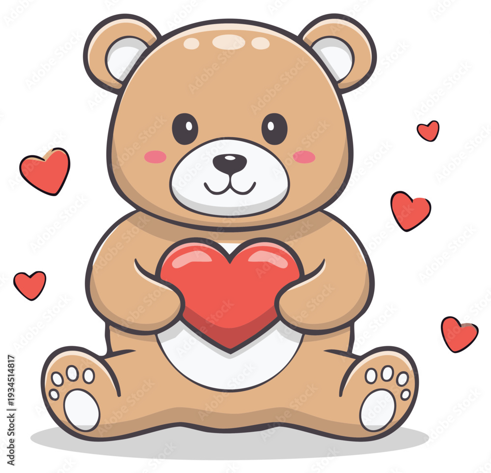 Obraz premium Cartoon Teddy Bear Sitting with Red Heart Illustration on White Background