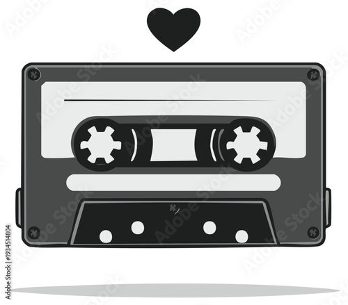 Grayscale analog cassette tape with heart symbol for retro sound and romance
