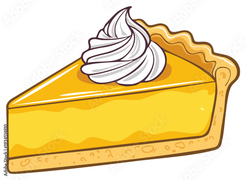 Vibrant vector illustration of a single dessert pie slice topped with creamy whipped cream