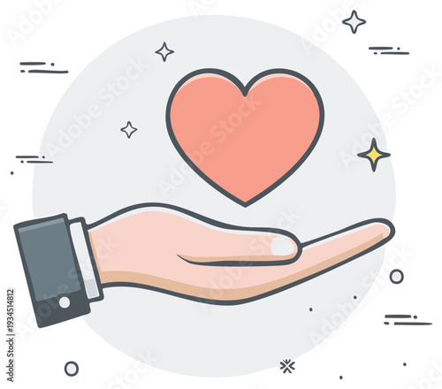 Gentle hand holding a pastel pink heart shape conveying love, care, donation, and generosity with modern, flat vector line art style.