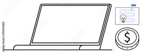 Financial planning. A laptop outline, dollar coin, and creative idea symbol reflect financial planning in business innovation and tech-driven solutions. Perfect for startups, finance tools