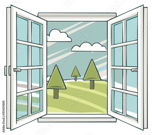 Open window revealing a sunny cartoon landscape with trees and clouds