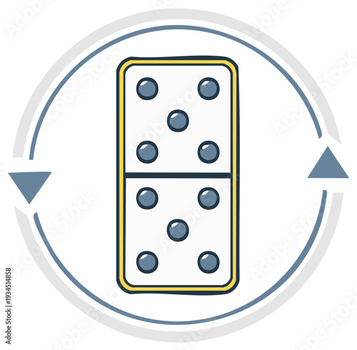 Depiction of Double Domino Tile for Puzzle Game Pieces with Spots and Yellow Border within a Circular, Reversible Frame