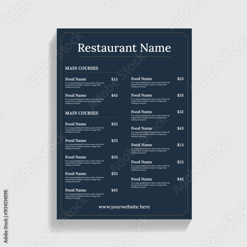 Dark Blue Restaurant Menu with Main Courses and Website Information