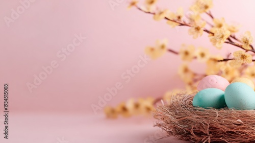 Colorful eggs in a nest with yellow flowers on a pink background