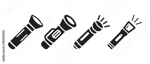 Collection of black flashlight icons, various designs, representing light, exploration, and emergency preparedness..