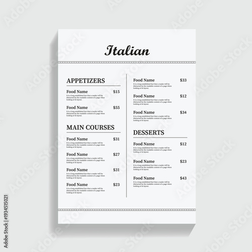Italian Restaurant Menu with Appetizers Main Courses Desserts