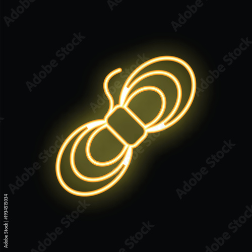 Yellow neon sign depicting a rope hank with a knot, glowing on a black background