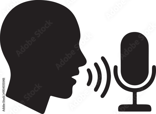 Voice recognition system silhouette with microphone and sound waves, AI speech detection technology concept, modern digital interface illustration, clean minimal vector.