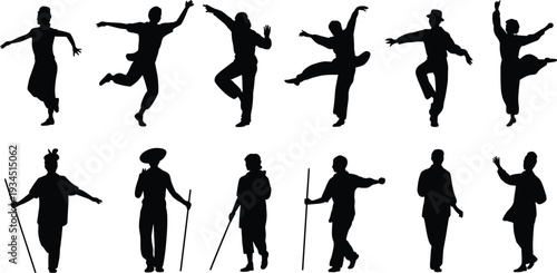 Collection of dancing people silhouettes in dynamic poses isolated on white background, cultural performance and street dance vector illustration set