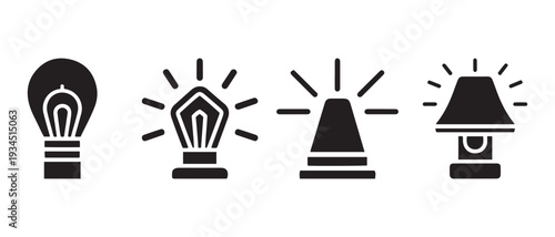 Collection of Black Icons Representing Light Bulbs and Lamps, Symbolizing Ideas and Illumination.