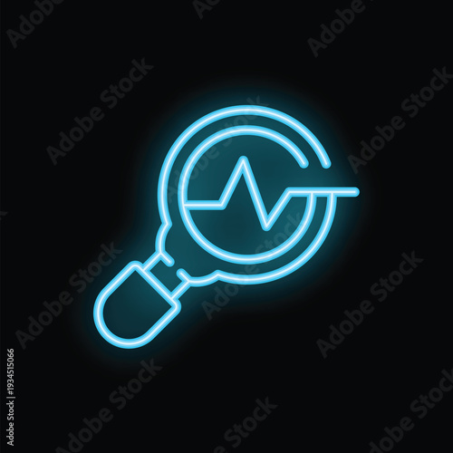 Neon icon of a magnifying glass analyzing a cardiogram, representing medical research and healthcare innovation