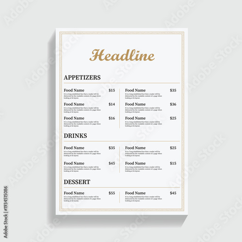 Restaurant Menu Template With Appetizers Drinks and Dessert Sections
