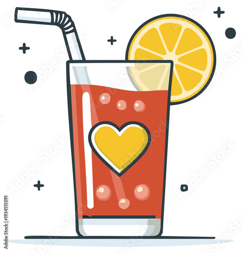 Refreshing summer drink with heart decoration and lemon slice, juice in tall glass.