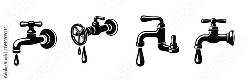 Water Faucet Vector Icons Set, Featuring Taps, Plumbing Fixtures, and Drip Symbols Collection Perfect for Home, Bathroom, Kitchen, and Plumbing Design Projects.