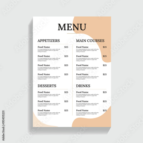 Restaurant Menu Template with Appetizers Main Courses Desserts Drinks