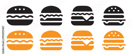 Set of Burger Icons. Black and Orange Flat Design, Simple Vector Illustrations of Fast Food Hamburgers.