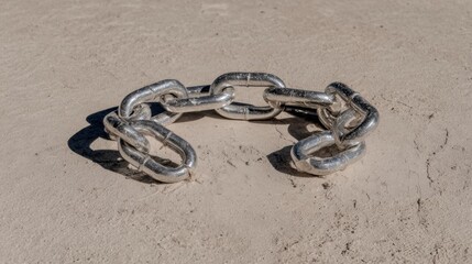 Broken metallic chain links on textured ground represent freedom and liberation for social justice education and Juneteenth celebrations with copy space background