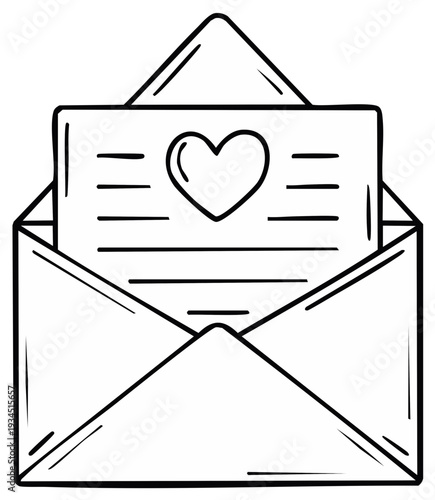 Hand Drawn Open Envelope with Love Letter and Heart Symbol Illustration