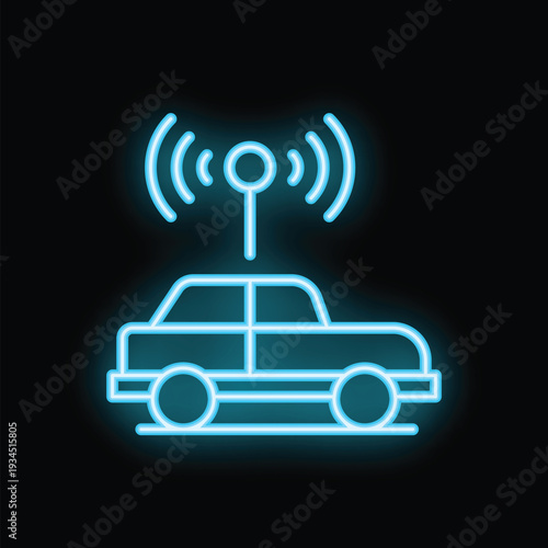 Neon icon of a car receiving a gps signal, representing location tracking and navigation technology