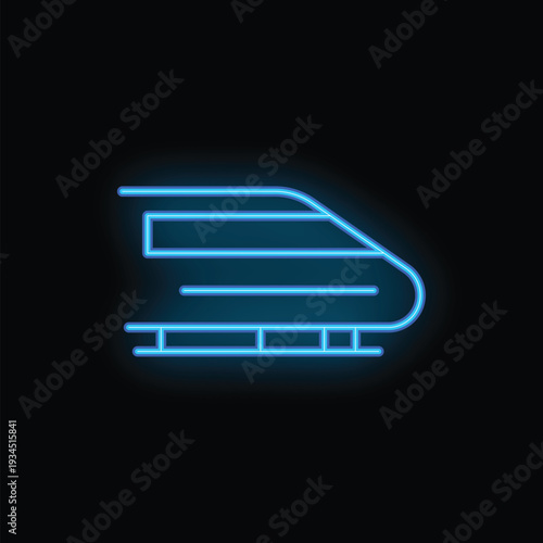 Blue neon train icon is speeding through the night, leaving a trail of light in its wake