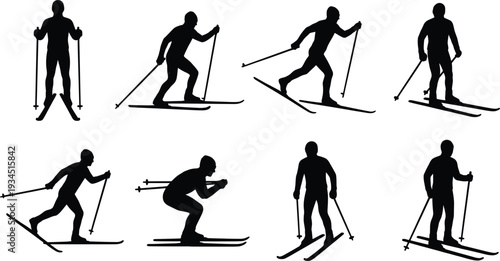 Silhouettes of Cross- Country Skiers in Action Poses on White Background cross country skiing