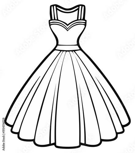 Elegant outline illustration of a vintage style gown