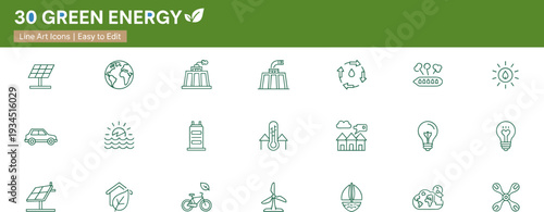 Green energy line art icons set with solar panels wind turbines recycling electric vehicles eco friendly sustainability concept flat vector illustration