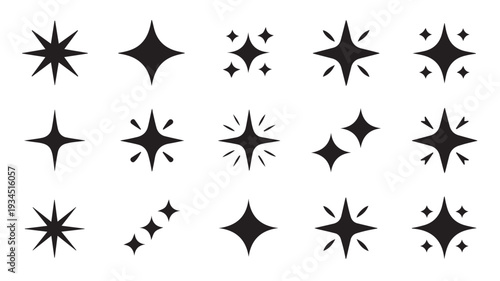 Sparkling star, glitter, and twinkle icons vector collection. Diverse set of shine effects, starbursts, and decorative light elements for modern graphics
