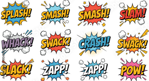 Colorful comic book sound effect collection with splash smash slam whack crash zap pow vector pop art explosion bubbles