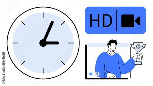 Clock face, HD video icon, and person holding a trophy, representing concepts of time, achievement, video quality, and productivity. Ideal for deadlines, training business success goal setting