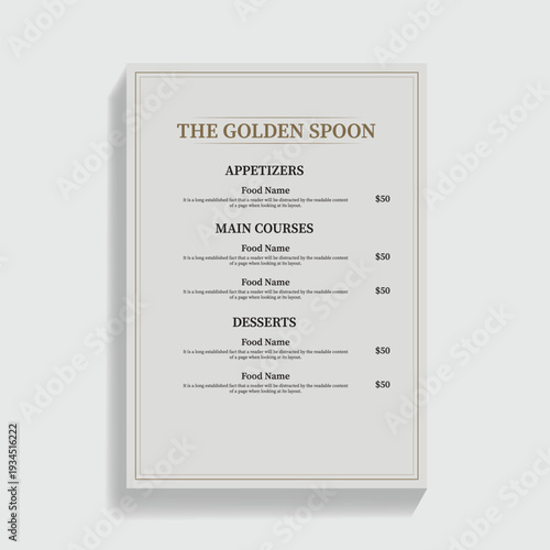 Restaurant menu with appetizers main courses and desserts sections Keywords: menu, restaurant