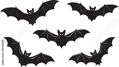 Halloween Flying Bats Silhouette Flock in Formation, Group of Black Scary Vampire Creatures with Angry Faces, Spooky Night Vector Illustration Set