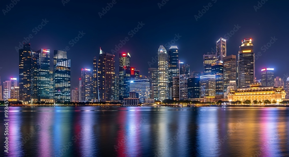 Naklejka premium Vibrant city skyline illuminated at night with reflections on calm water
