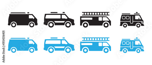 Emergency Service Vehicles Icons. Ambulance, Fire Truck, Police Van - Black and Blue Flat Design.