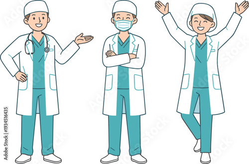 Male and female medical doctor character set in white coats and scrubs for healthcare hospital and clinic illustrations