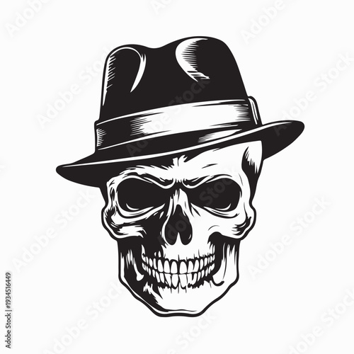 Skull Logo with Classic Bowler Hat Vector Isolated On White Background